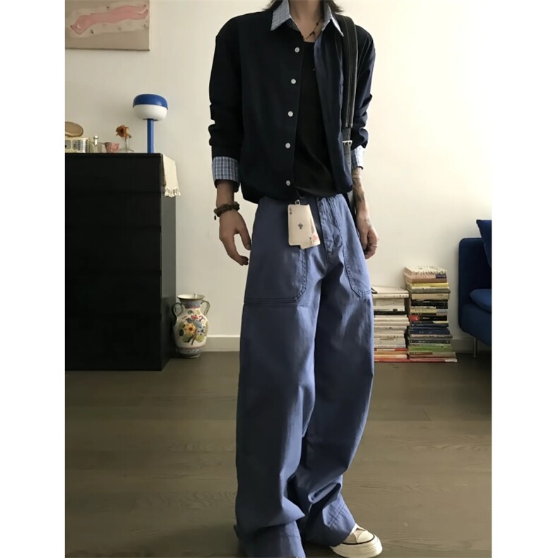 现货蓝色格子拼接翻领长袖上衣情侣款男女假两件衬衫CX03-TP45,男装衬衫,星座910A
