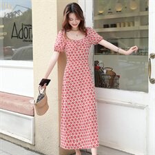 连衣裙女夏2021新款收腰气质女装夏季微胖显瘦女神范方领长款裙子，女装连衣裙，寒都衣屋