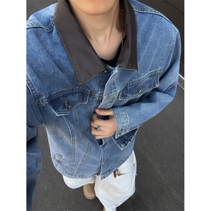港风秋款男女牛仔夹克衫pu皮领宽松外套JK0072 P65图片