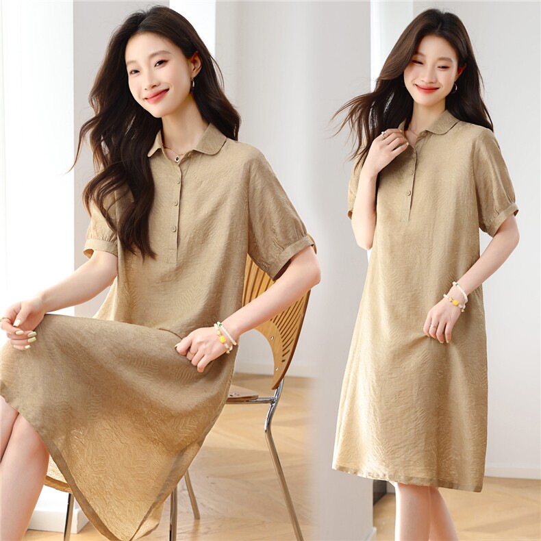 夏季薄款天丝亚麻连衣裙女2025新款宽松中年妈妈减龄翻领直筒裙子，女装连衣裙，依恋蒂丝