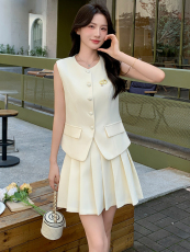 名媛小香风套装裙女夏轻奢高级感无袖西装马甲百褶短裙气质两件套，女装套装/套裙，玖莱伊
