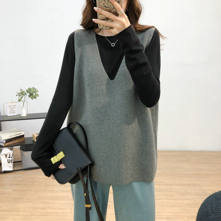 复古慵懒V领针织马甲女羊绒衫百搭宽松显瘦羊毛大码背心马夹针织,女装马甲,洁纯羊绒