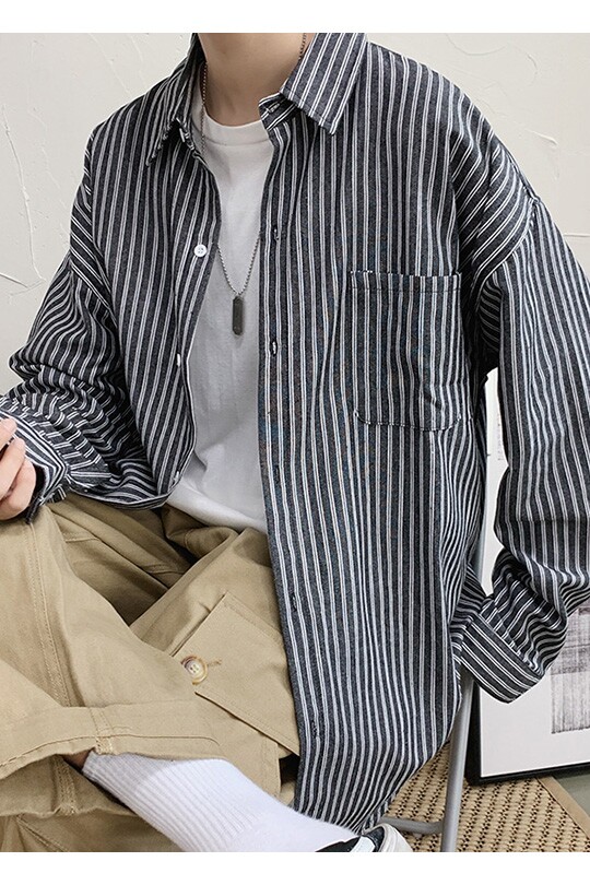 港风休闲宽松衬衣外穿条纹百搭长袖衬衫男CS23/,男装衬衫,电商D202