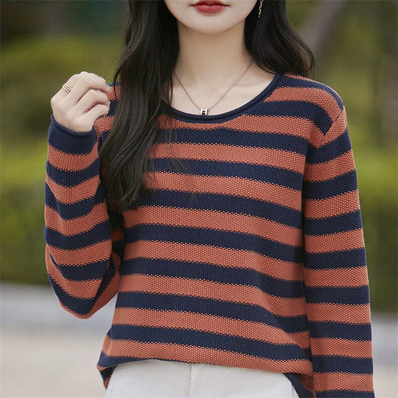 时髦减龄纯棉针织条纹打底衫女2025秋冬新款加厚保暖针织衫毛衣秋,针织衫/毛衣,斯美雅电商供货