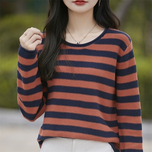 时髦减龄纯棉针织条纹打底衫女2025秋冬新款加厚保暖针织衫毛衣秋图片