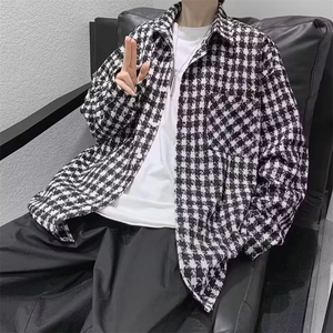 F572P48秋季毛呢夹克外套男长袖格子衬衫秋天韩版文艺宽松外套图片