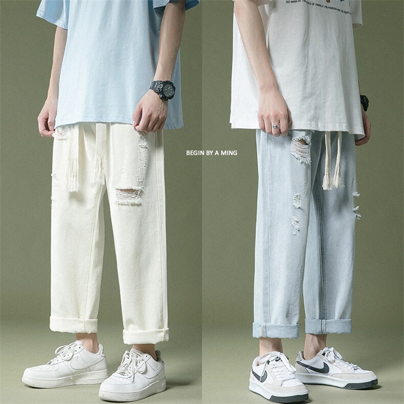 现货主推！大粗绳破洞牛仔九分裤！男女中性宽松直筒裤NB760，男装休闲裤，电商C303-1