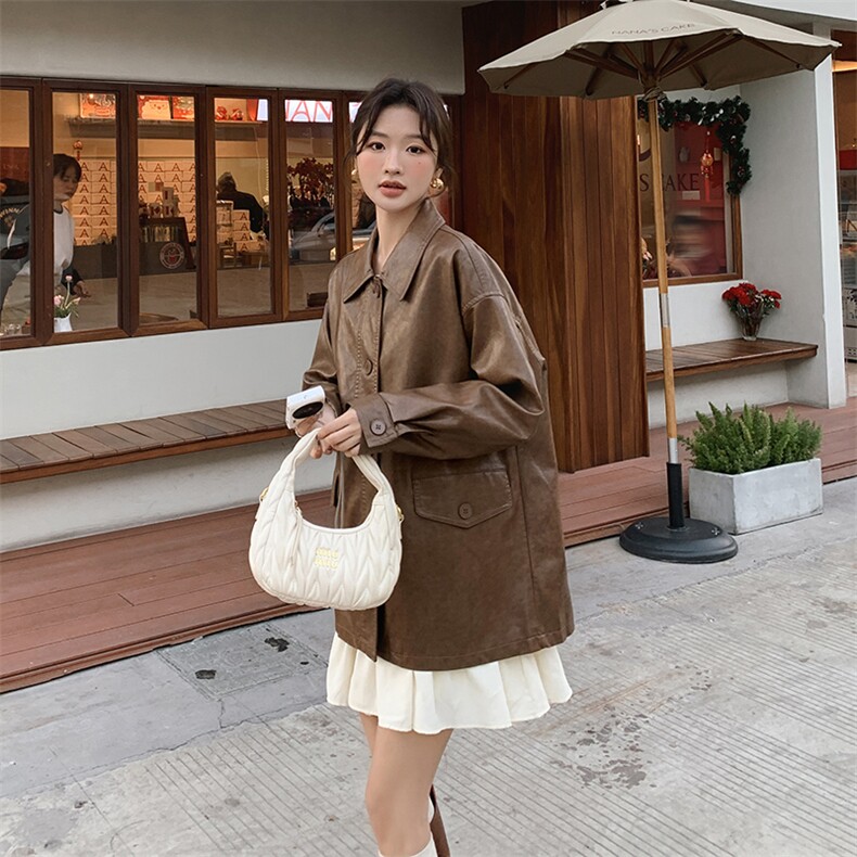 皮衣外套女中长款2025年春秋新款韩版宽松大码休闲机车服夹克上衣,女装皮衣,简古