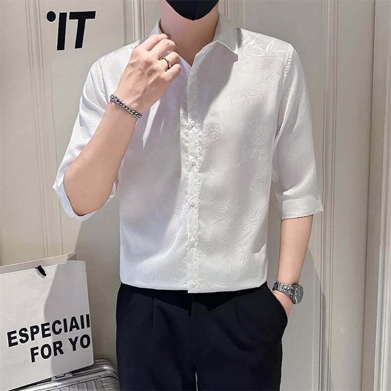 店主风社会小伙男士暗花痞帅七分袖衬衫男衬衣301A-1/CS586/P55图片