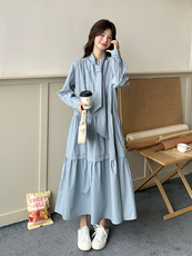 春现盐系浅蓝色条纹休闲风连衣裙B190-5010-P135-K198，女装连衣裙，2B190
