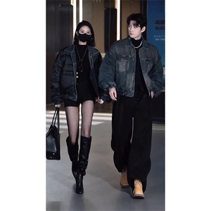 美式复古做旧牛仔羽绒服短款翻领白鸭绒夹克外套男yrf210-TP355图片