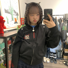网图~2025秋新款小恶魔豹纹拼接连帽卫衣外套美式宽松上衣Y6033，女装短外套，星座601-1