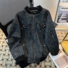 美式蜘蛛刺绣复古做旧PU皮衣飞行员夹克秋新款棒球服潮牌外套男，男装夹克，星座505-2（原电商A260-1)