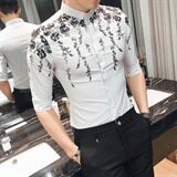 修身型印花青年夏季休闲常规青春流行2021年尖领潮七分袖简约衬衫，男装衬衫，星座419（原A233）