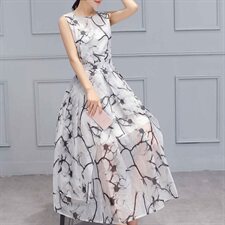 无袖花纹时尚圆领夏季中腰松紧腰雪纺大摆裙2024年夏季淑女，女装连衣裙，火爆靓佳人