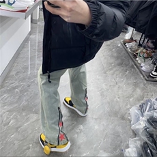 美式高街vibe裤子拉链黑色修身牛仔裤男款设计感直筒弯刀微喇裤，男装牛仔裤，星座601-1