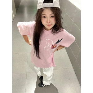 【有货】美式复古花体刺绣短袖t恤男TX6164粉色 黑色 M-2XL 35图片