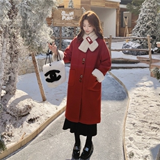 2025冬季新款配围脖内胆拼环保毛圣诞新年氛围感红色毛呢大衣外套，女装毛呢外套，乐吉娜