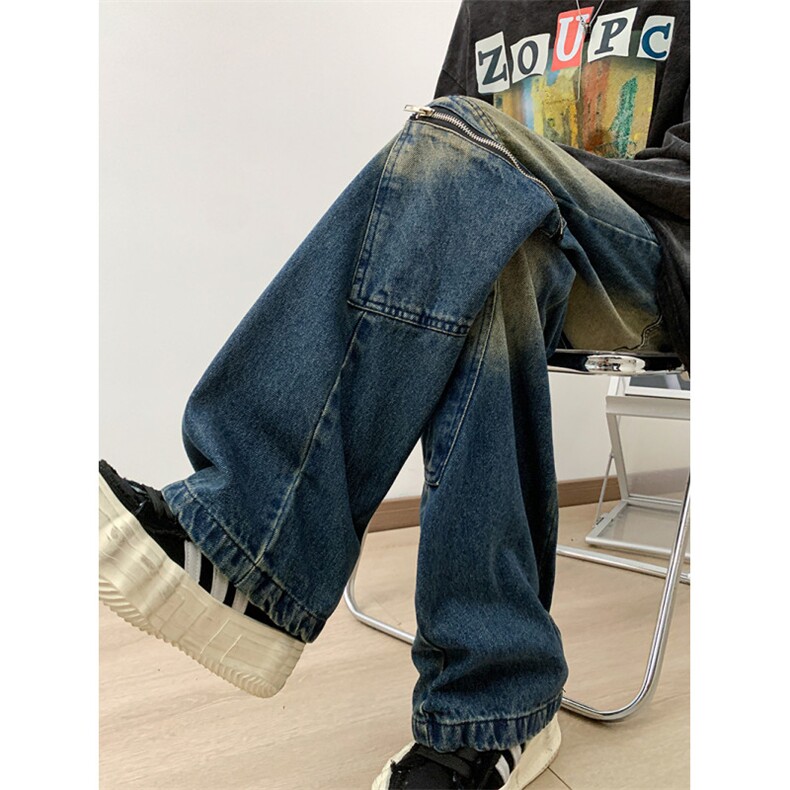 港风夏款男牛仔裤工装拉链口袋渐变色直筒宽松长裤NK7004P50,男装牛仔裤,星座1013-1
