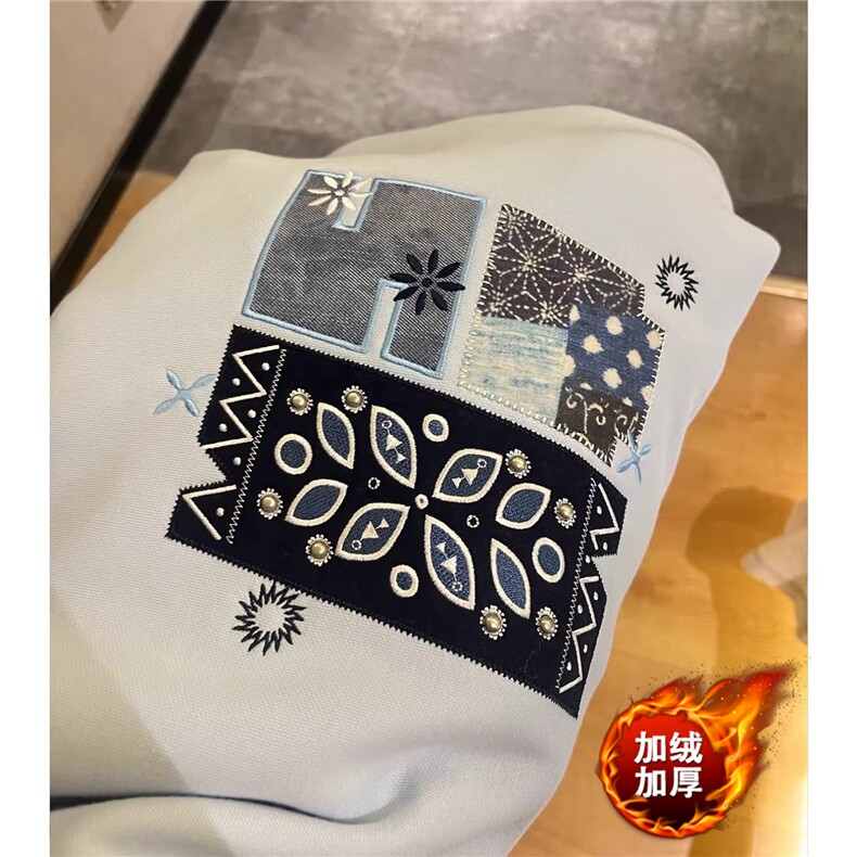 美式高街蓝色刺绣贴布连帽卫衣女秋冬设计感小众潮牌外套,女装短外套,四季星座505