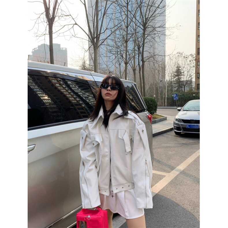美式复古白色PU皮短款外套男女cleanfit高级感宽松情侣机车服夹克,男装夹克,星座506A
