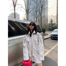 美式复古白色PU皮短款外套男女cleanfit高级感宽松情侣机车服夹克，男装夹克，星座506A