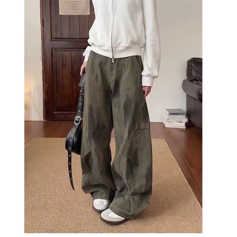 美式小众设计感宽松褶皱拼接做旧牛仔裤男潮牌休闲阔腿廓形弯刀裤,男装牛仔裤,星座506A