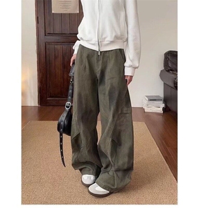 美式小众设计感宽松褶皱拼接做旧牛仔裤男潮牌休闲阔腿廓形弯刀裤图片