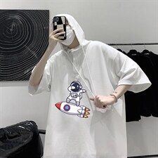 LD54158-P45连帽短袖t恤男大码胖子带帽五分袖中袖大皂风，男装T恤，电商A040