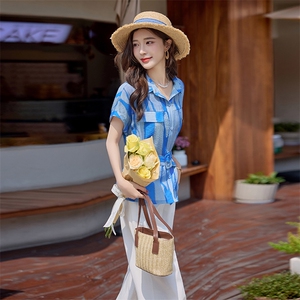 时尚条纹短袖衬衣职业套装女2025夏季气质修身女神范阔腿裤两件套图片