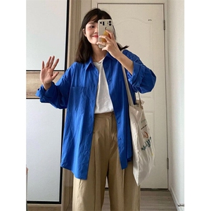 W9823-P43 网图现货 韩版克莱因蓝休闲长袖衬衫宽松气质上衣图片