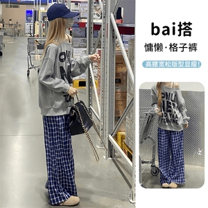 美式高街潮牌男女泡泡格子休闲裤直筒宽松慵懒显瘦阔腿休闲长裤子图片
