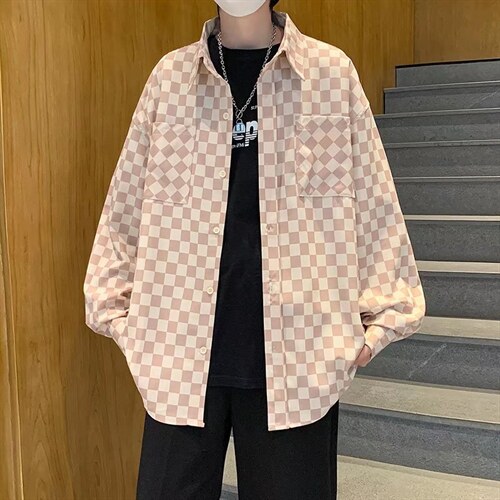 男长袖衬衫高街中性风棋盘格衬衫C13P32图片