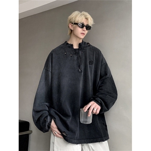 706-WY6050-P75  现货  春季男士复古做旧水洗立领半拉链卫衣外套图片