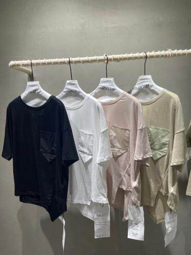 【现货】设计感小众拼接口袋圆领套头宽松休闲舒适棉半袖T恤,女装T恤,ABout阿布