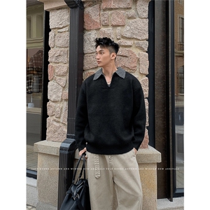 美式假两件秋冬撞色翻领Polo毛衣男复古宽松针织衫图片