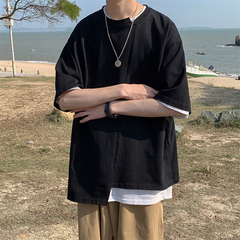 休闲五分袖潮流不规则上衣港风文艺设计拼接感T桖HY30TP35控48,男装T恤,电商A102B