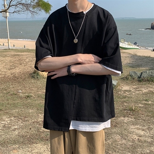 休闲五分袖潮流不规则上衣港风文艺设计拼接感T桖HY30TP35控48图片