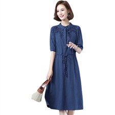 中年妈妈连衣裙女2025夏季新款条纹洋气减龄收腰显瘦气质衬衫裙子图片
