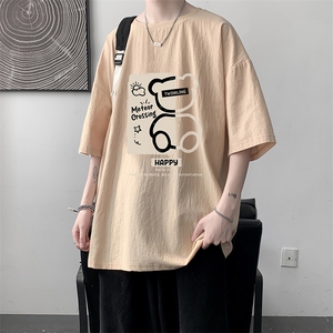 亚麻短袖t恤男大码五分袖男宽松七分袖大皂风模特图片