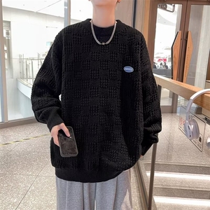 慵懒风毛衣男冬季简约麻花针织衫鹿毛绒宽松套头内搭上衣MY7119,杨紫黄色上衣搭配白色裤子图片