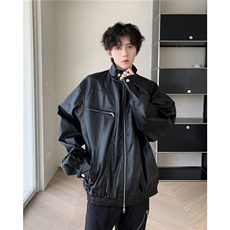 美式复古拉链装饰PU皮夹克男女生春秋新款宽松机车外套W6060-P72，男装皮衣，星座412-2