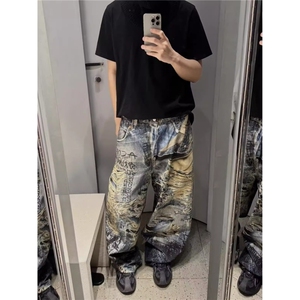 美式复古做旧破洞裤男阔腿裤脏染泼墨涂鸦牛仔长裤新款无品牌原宿,胯宽裤子搭配女图片