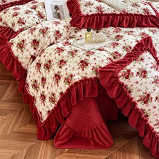 2025新款复古风印花牛奶绒大花边床盖四件套，床品套件，一起卖家纺