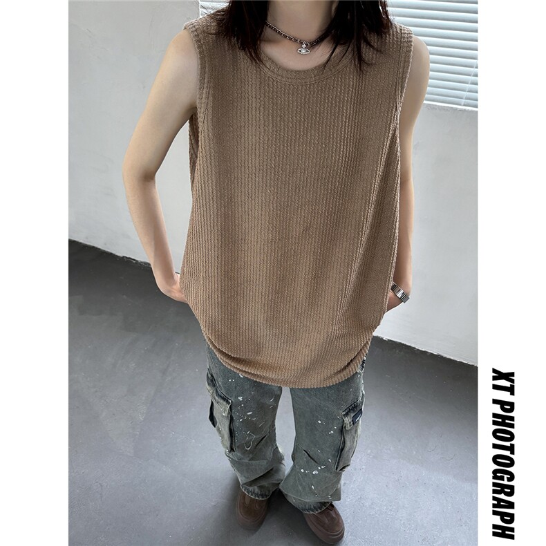 主推慵懒风宽松坑条无袖T恤情侣背心男女坎肩内搭上衣H952特P23,男装背心/马甲,电商A341