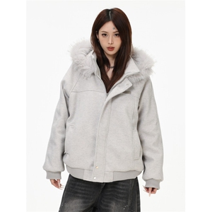 1506-1/M78861/P99灰色美式复古连帽毛呢棉服女款图片