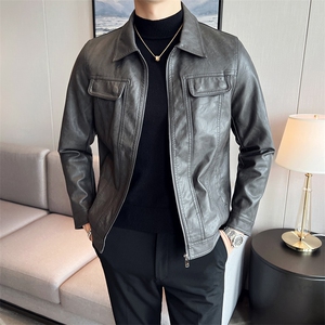 秋季男皮夹克上衣外套翻领黑色机车风 6682-P145图片