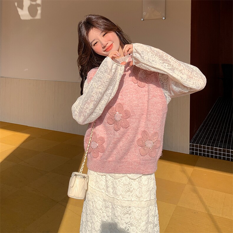 粉色甜美针织花朵马甲套装女春季时尚减龄法式气质两件套，女装套装/套裙，2C166