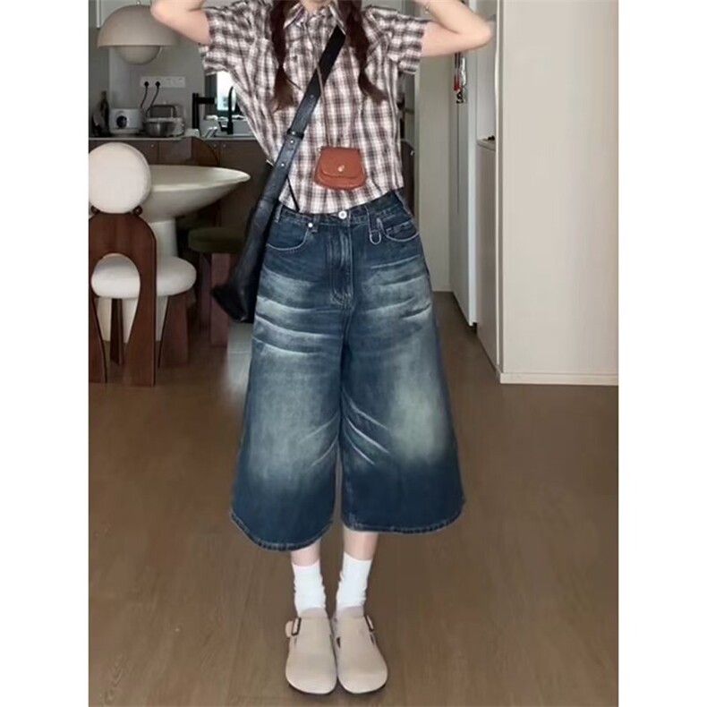 美式水洗做旧牛仔七分短裤女夏季新款高街阔腿显瘦宽松直筒中裤子,男装牛仔裤,星座1210-1