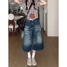 美式水洗做旧牛仔七分短裤女夏季新款高街阔腿显瘦宽松直筒中裤子，男装牛仔裤，星座1210-1